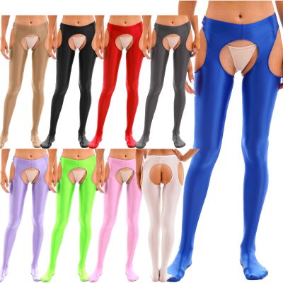 Women's Shiny Oil Glossy Hollow Out Tights Pantyhose High Waist Footed Pants